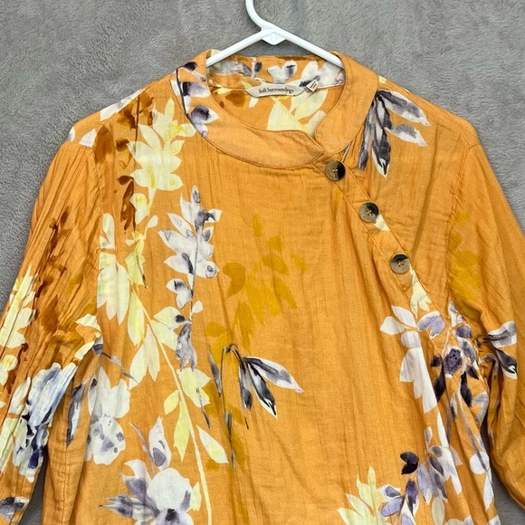 Soft Surroundings Pauleena Gauzy Orange Floral Asian Blouse Top Sz L Buttons - Picture 3 of 15